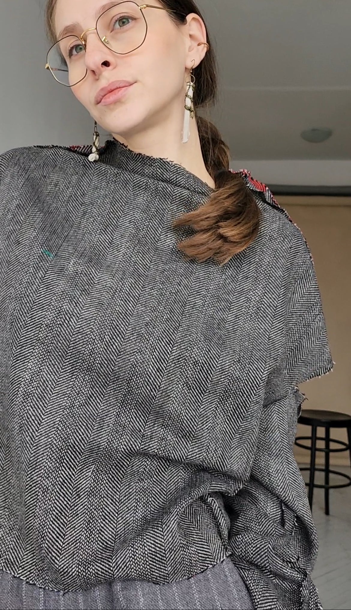 Herringbone wool tweed blouse with vintage floral jacquard on the back
