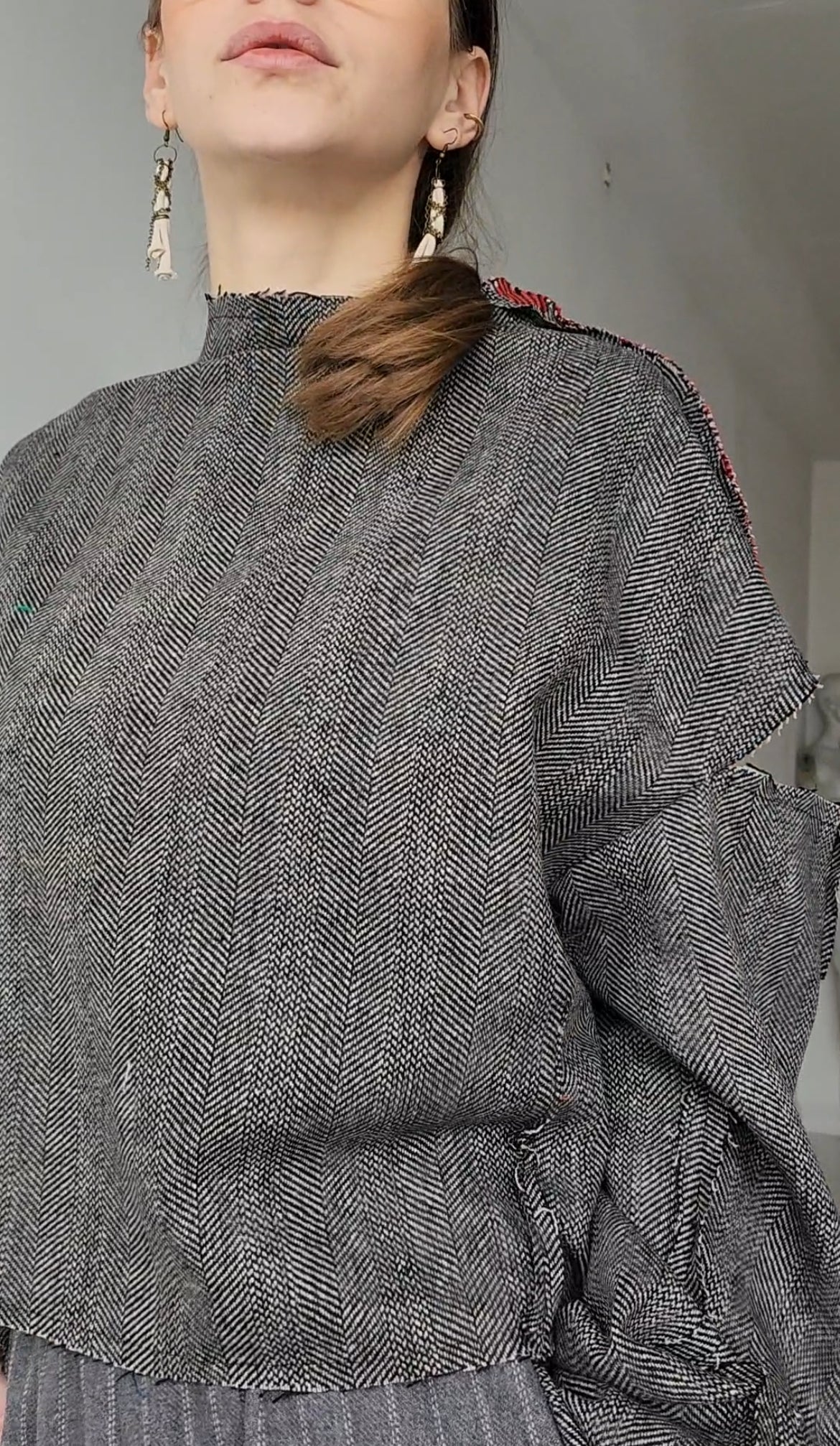 Herringbone wool tweed blouse with vintage floral jacquard on the back