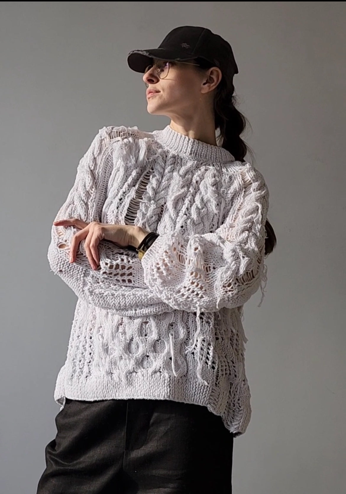 White cotton textured sweater