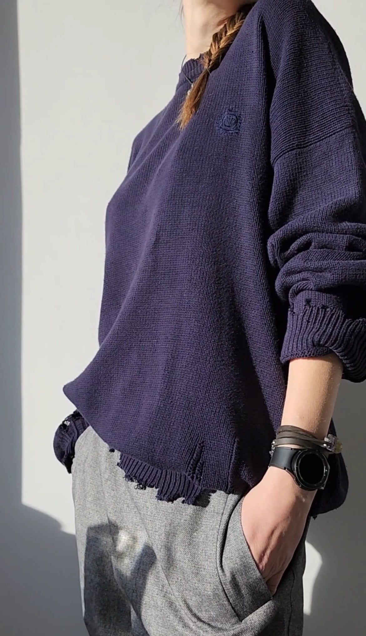 Reworked black cotton sweater with denim sleeves
