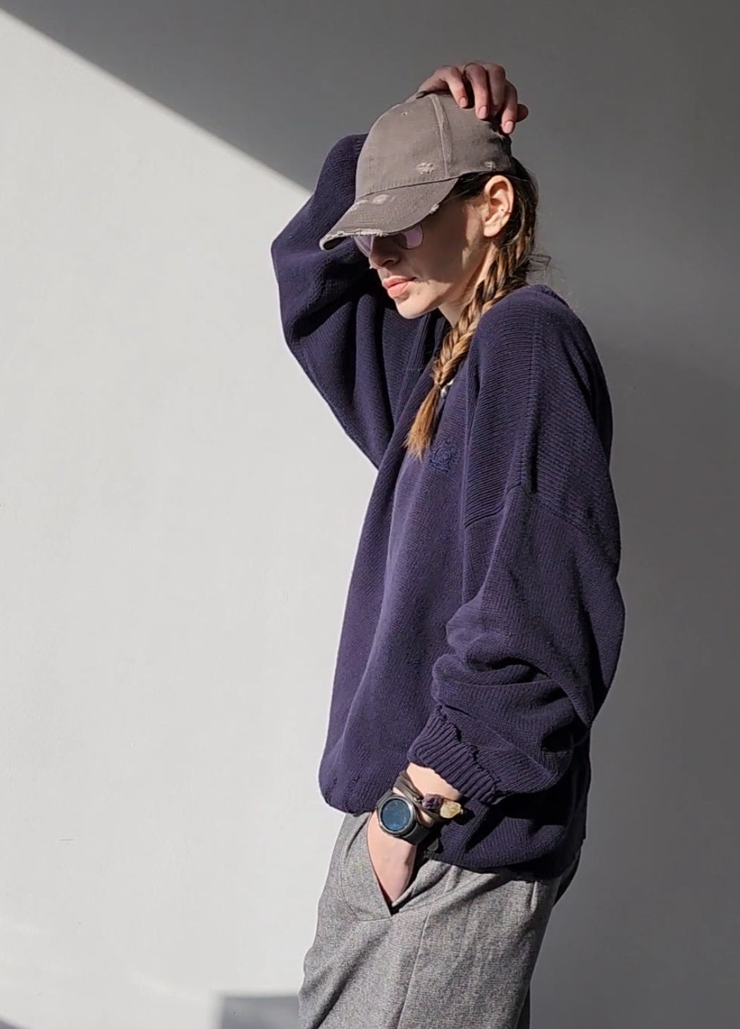 Reworked black cotton sweater with denim sleeves