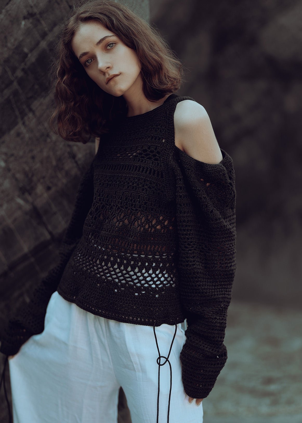 Craft graphite openwork off-the-shoulder sweater