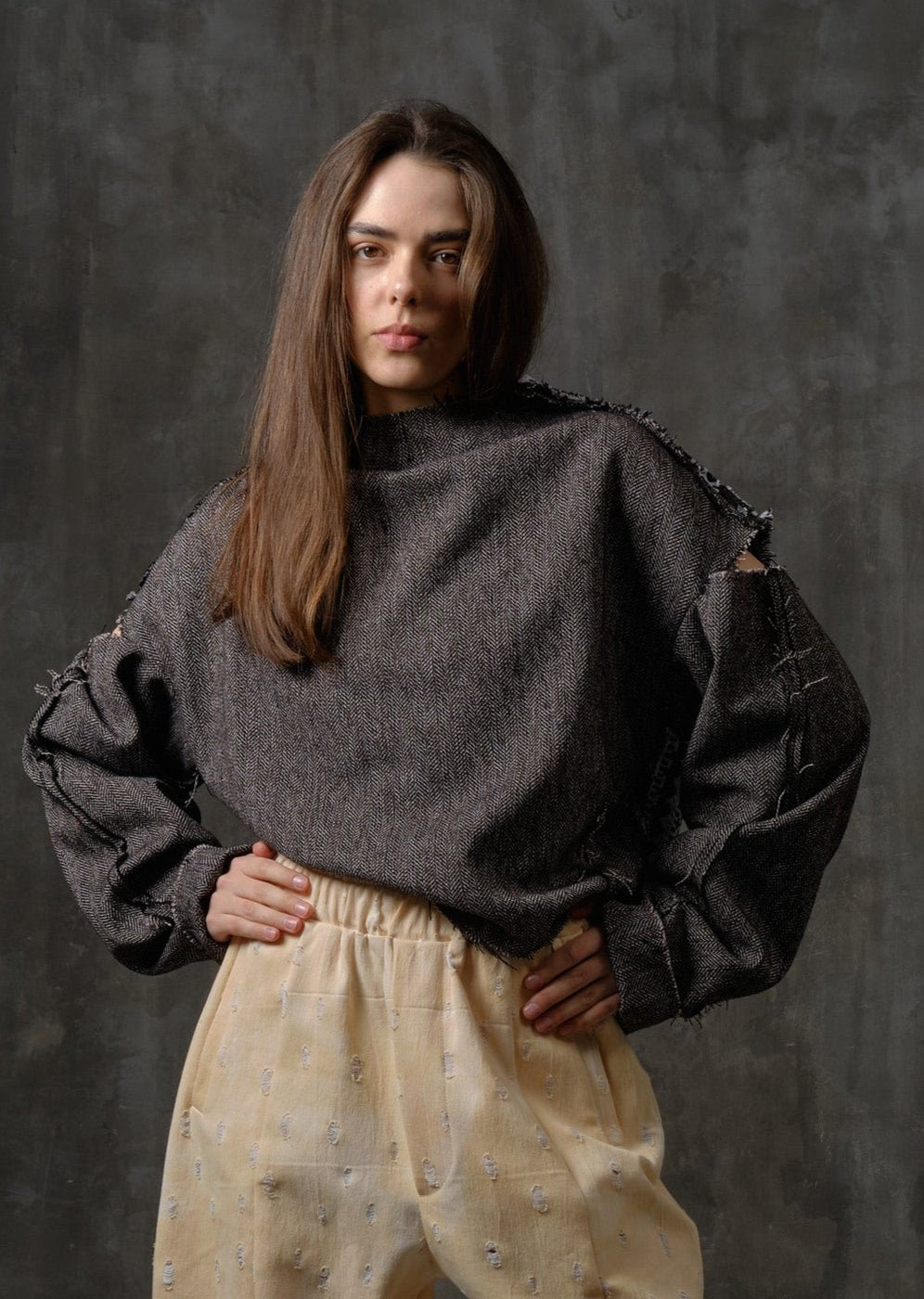 Tweed sweater shirt with vintage jacquard back