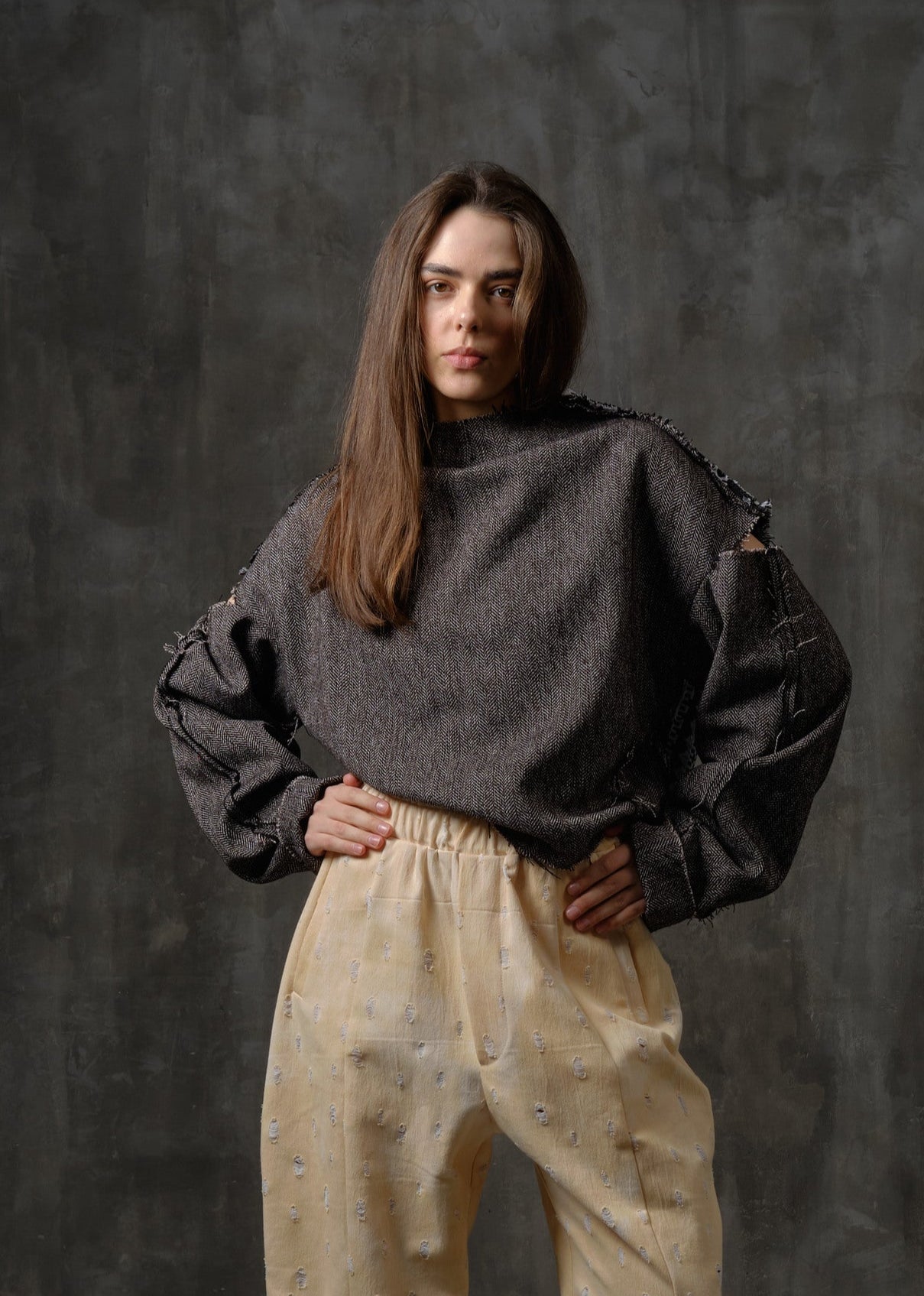 Herringbone wool tweed blouse with vintage floral jacquard on the back