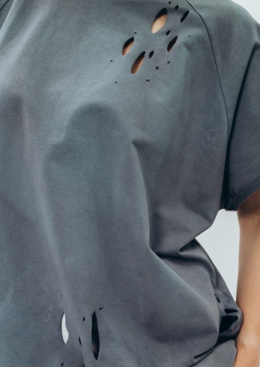 Hand-dyed graphite T-shirt with perforations