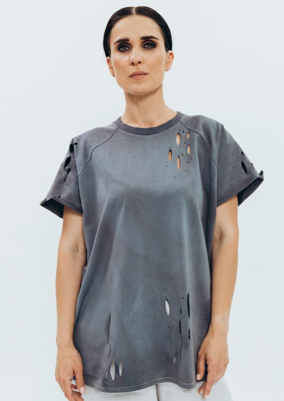 Hand-dyed graphite T-shirt with perforations
