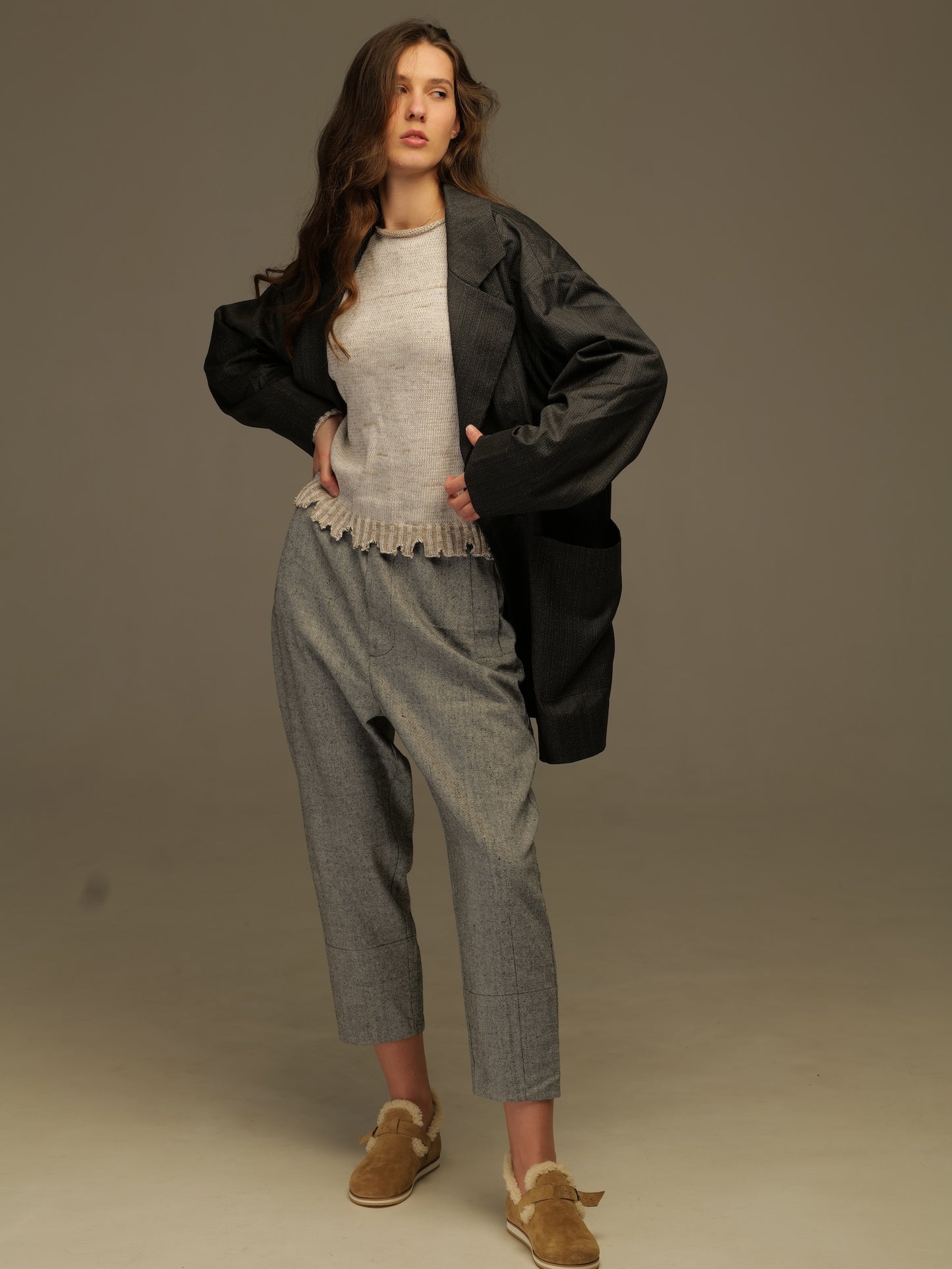 Light gray wool trousers, high waist