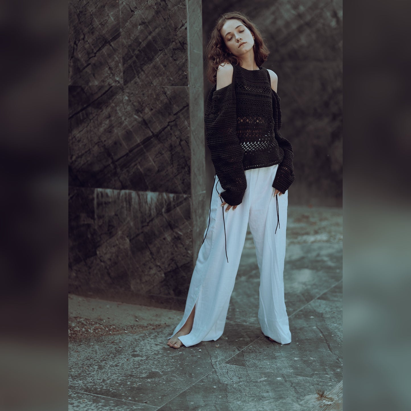 Craft graphite openwork off-the-shoulder sweater
