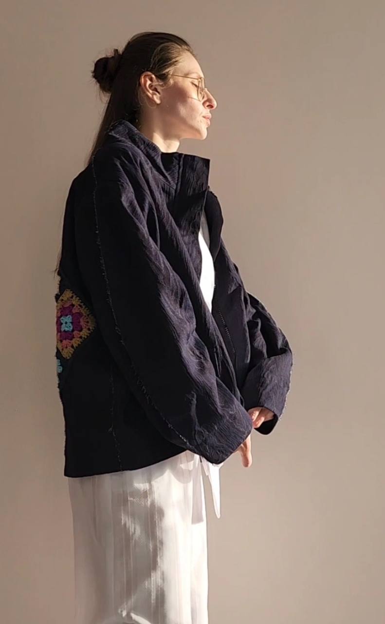 Bomber denim purple texture bark decoration on the back