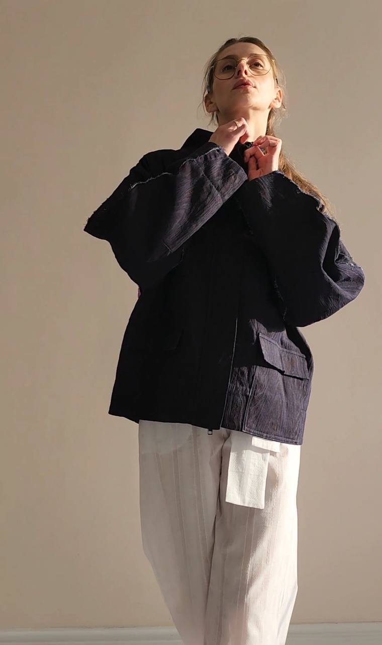 Bomber denim purple texture bark decoration on the back