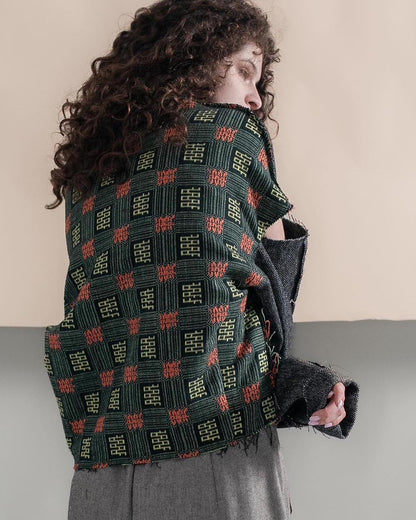 Sweater open shoulders brown herringbone and green squares