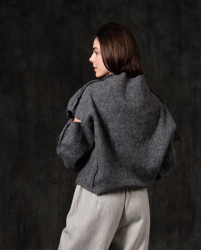 Gray angora open shoulder sweater