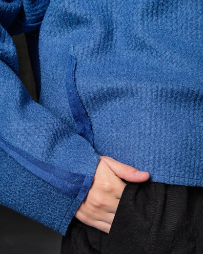 Sweater with open shoulders, textured wool, deep blue