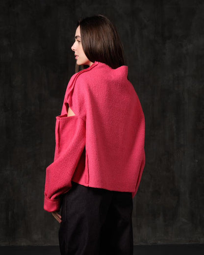 Sweater with open shoulders, textured wool, fuchsia