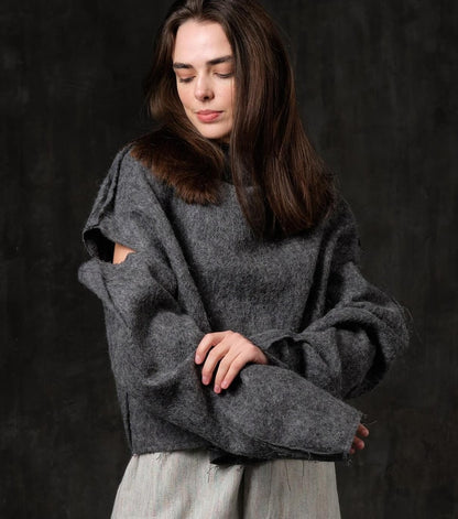 Gray angora open shoulder sweater