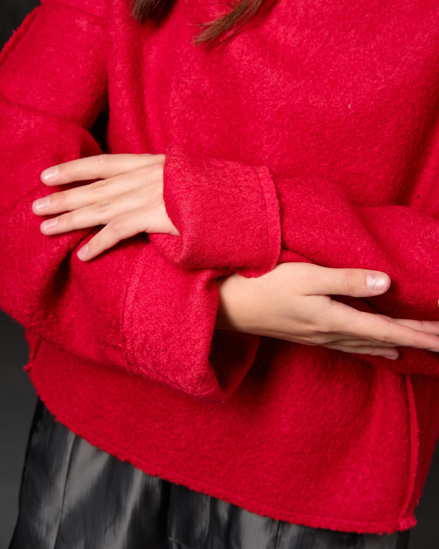 Sweater open shoulders red wool and colored squares