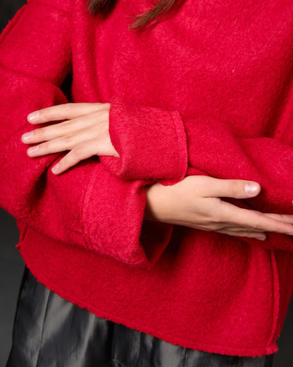 Sweater open shoulders red wool and colored squares