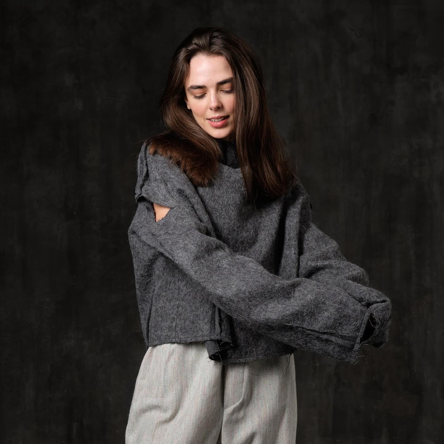 Gray angora open shoulder sweater