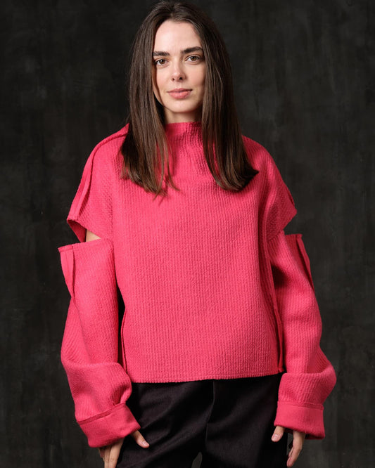 Sweater with open shoulders, textured wool, fuchsia