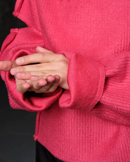 Sweater with open shoulders, textured wool, fuchsia