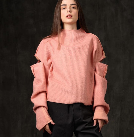 Sweater open shoulders textured wool, flamingo