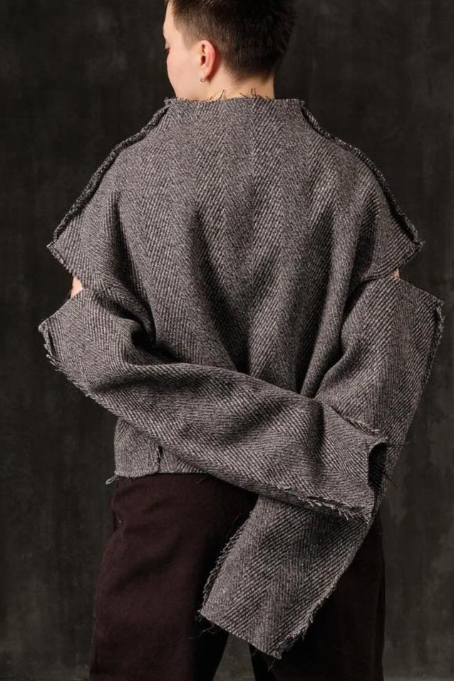 Sweater textile open shoulders gray wool herringbone