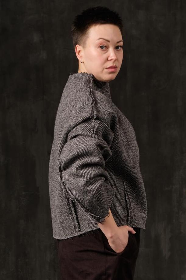 Sweater textile open shoulders gray wool herringbone