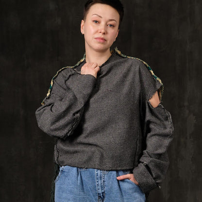 Sweater open shoulders gray herringbone and green flowers