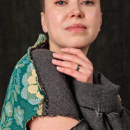 Sweater open shoulders gray herringbone and green flowers