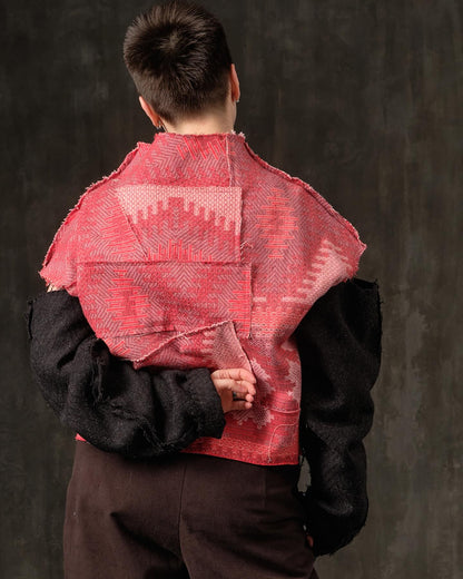 Sweater open shoulders black herringbone and red ornament