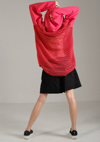 Red unisex cotton shirt with hood, mesh back