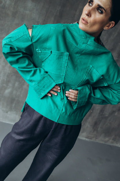 Reworked green denim shirt with a vintage ethnic back