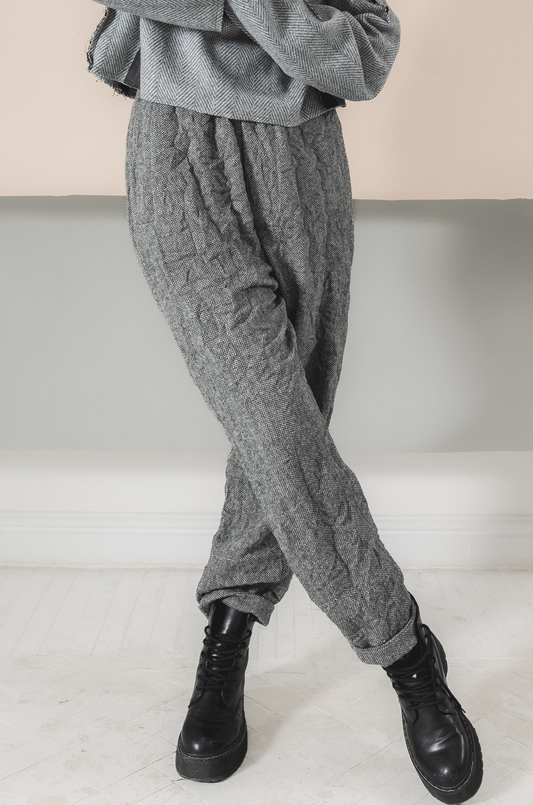 Gray crumpled tweed woolen trousers