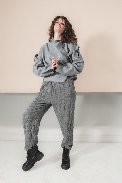 Gray crumpled tweed woolen trousers