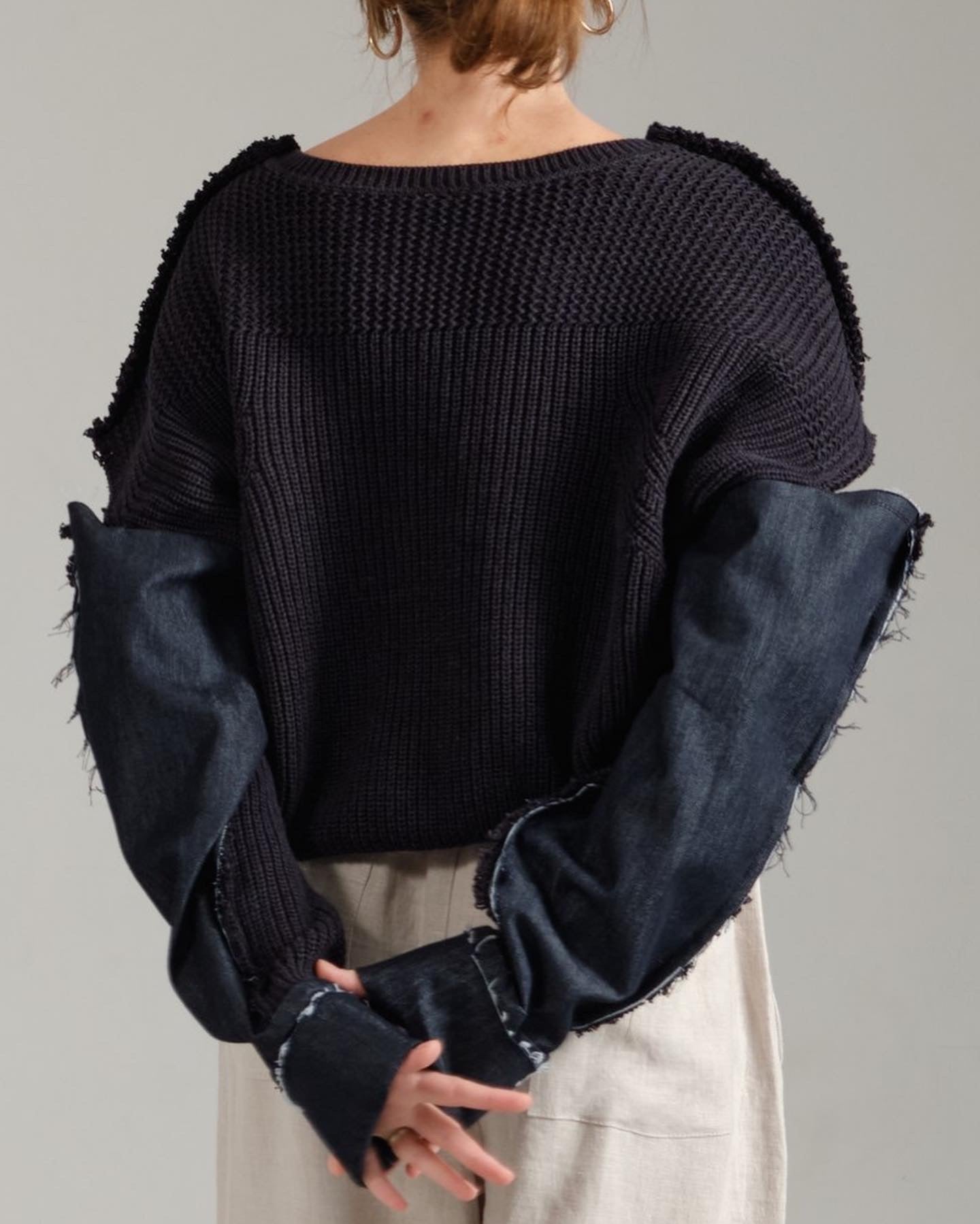 Reworked vintage blue cotton crop sweater with denim details