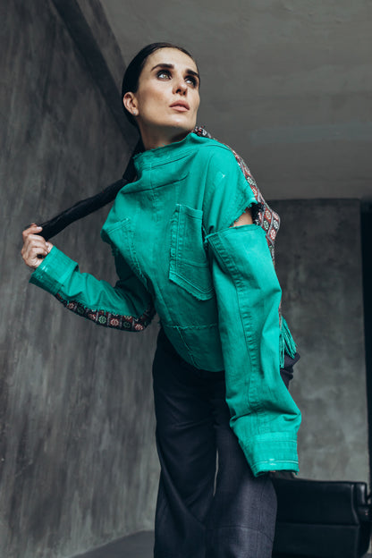 Reworked green denim shirt with a vintage ethnic back