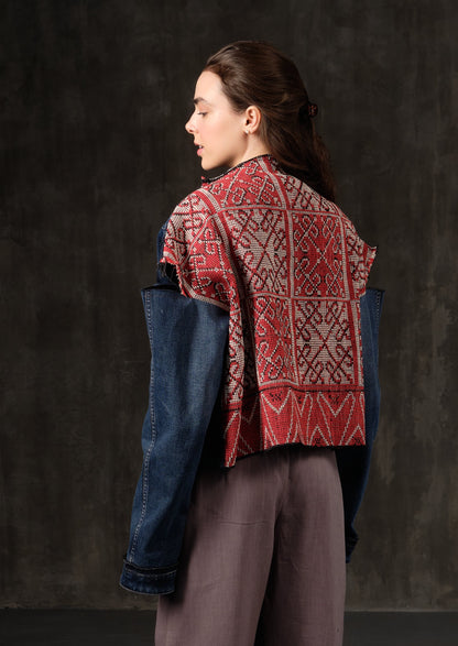 Reworked denim blue jacket with vintage red jacquard