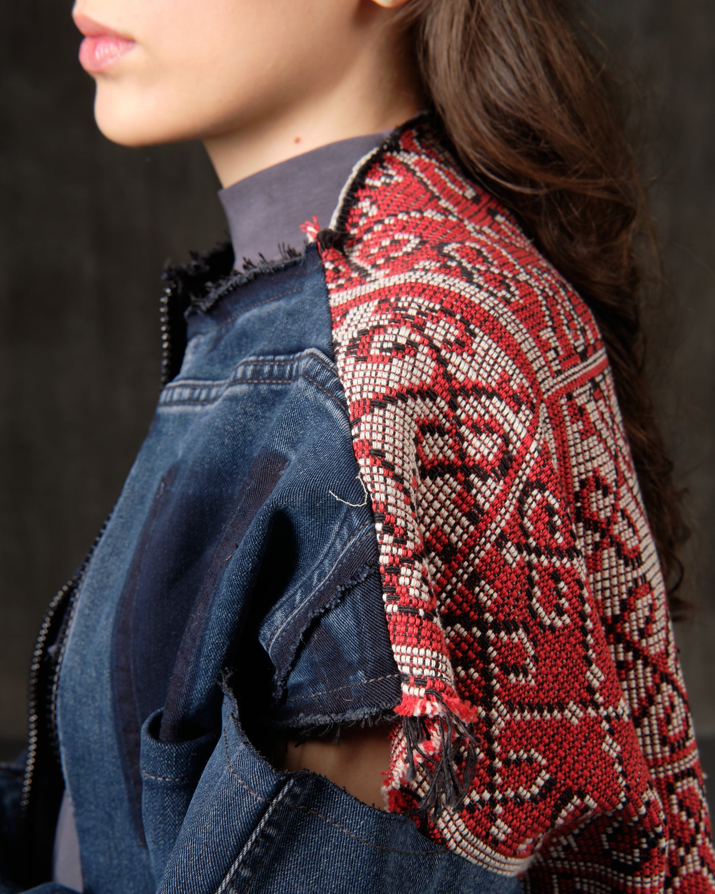 Reworked denim blue jacket with vintage red jacquard