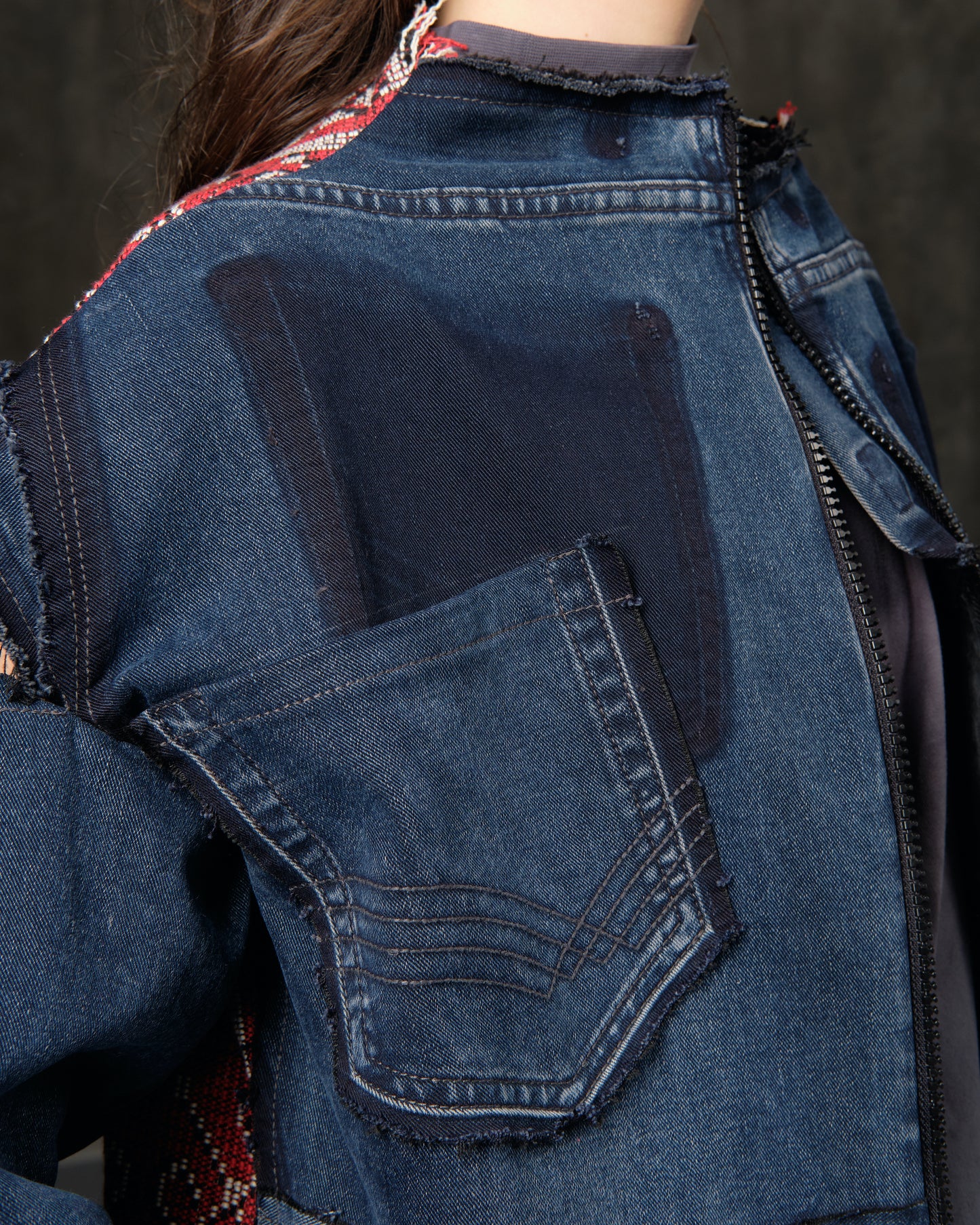 Reworked denim blue jacket with vintage red jacquard