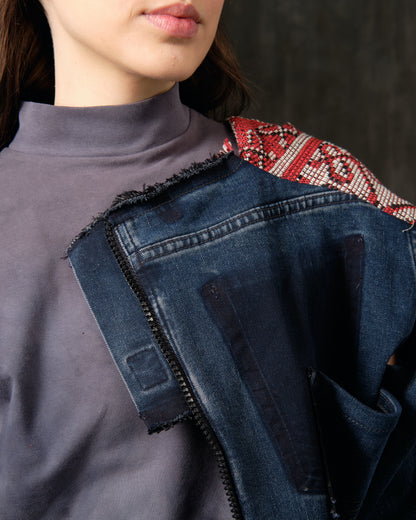 Reworked denim blue jacket with vintage red jacquard