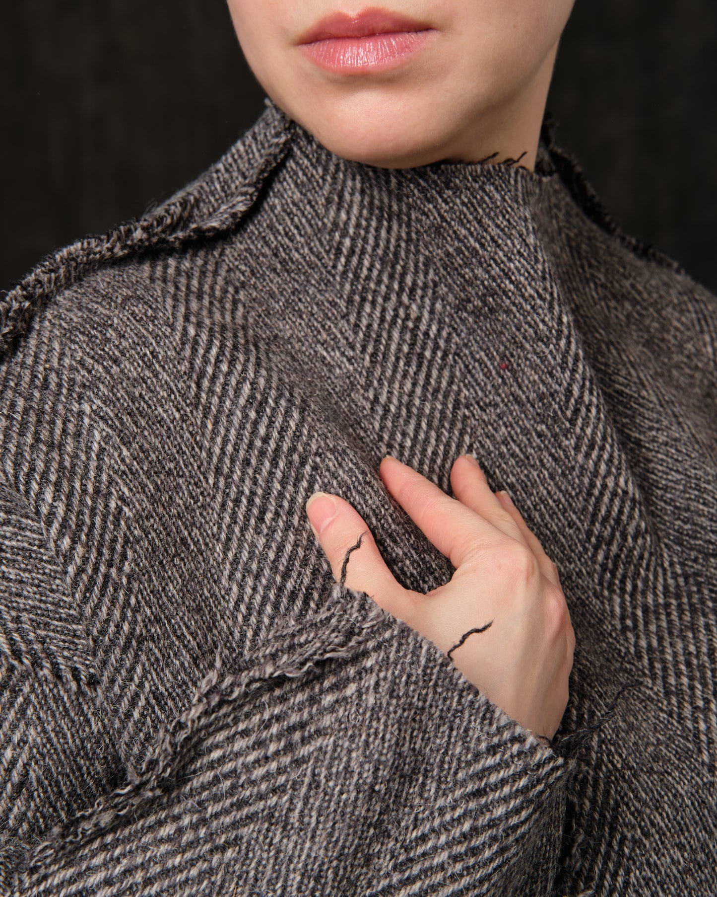 Sweater textile open shoulders gray wool herringbone