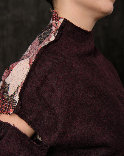 Off-shoulder burgundy wool and cargo jacquard monogram sweater