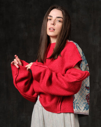 Sweater open shoulders red wool and colored squares