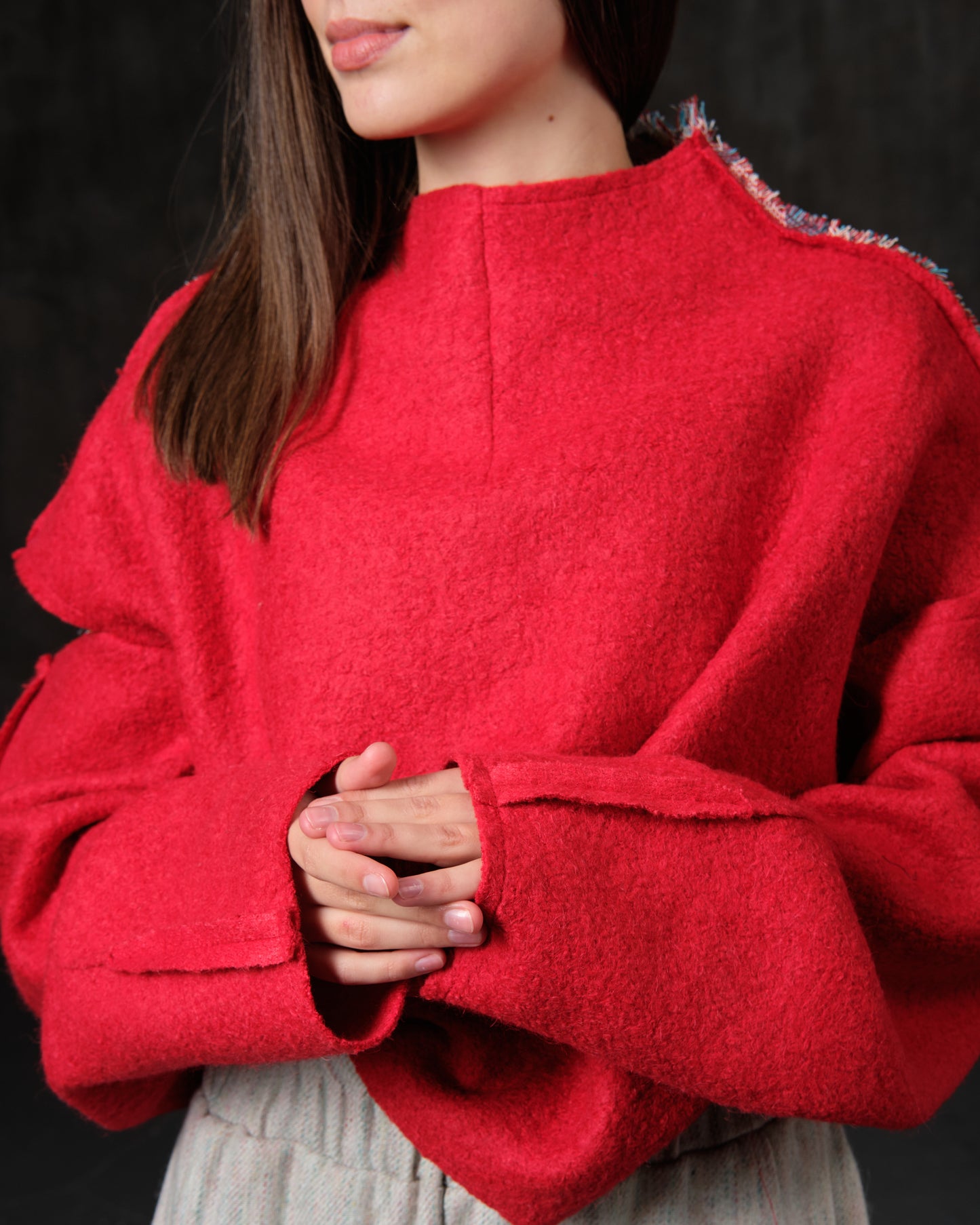 Sweater open shoulders red wool and colored squares