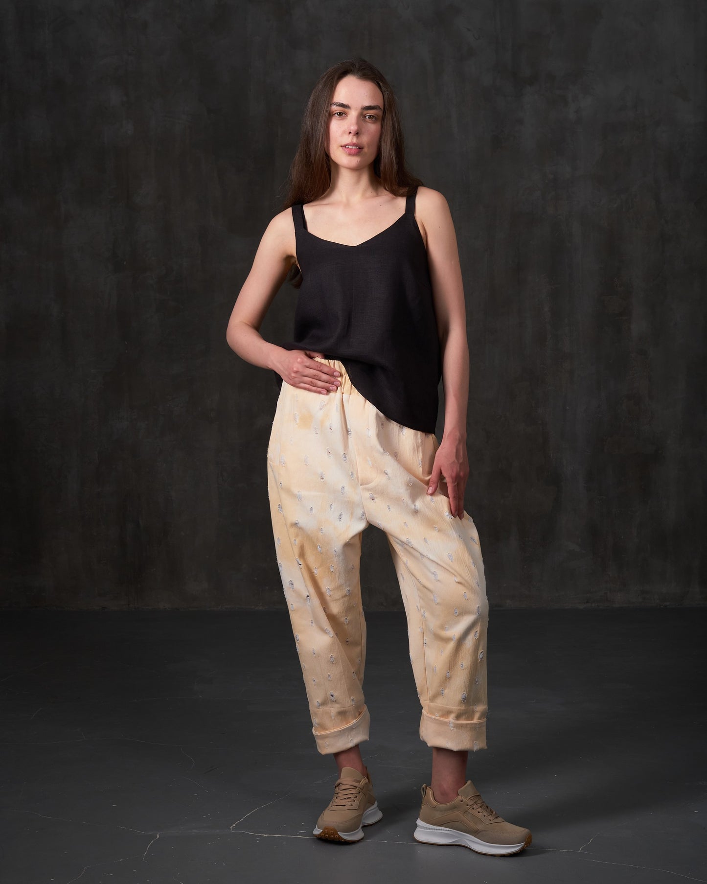 High-rise cotton sand color pants