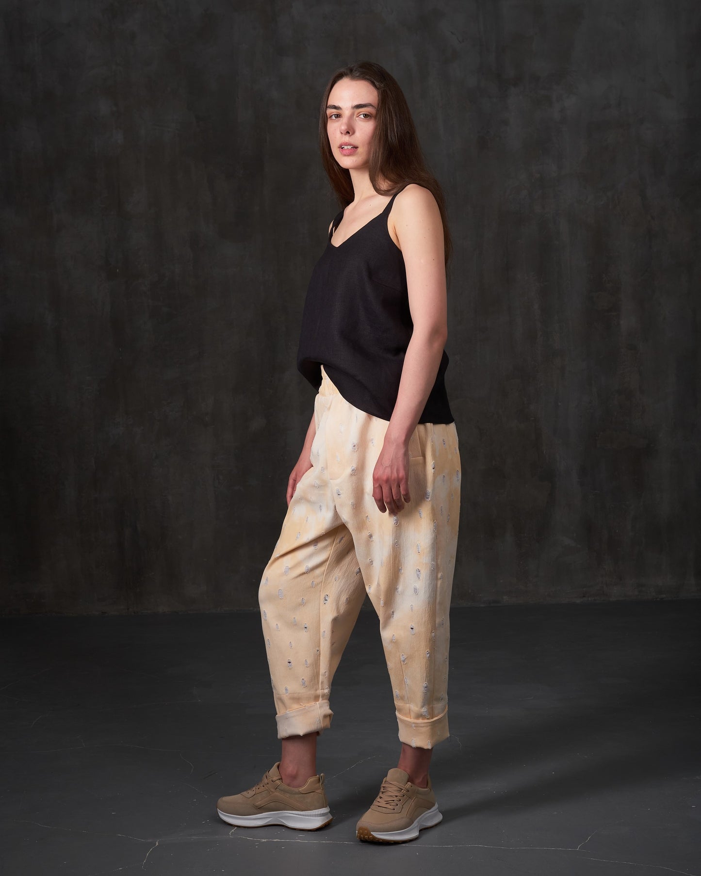 High-rise cotton sand color pants