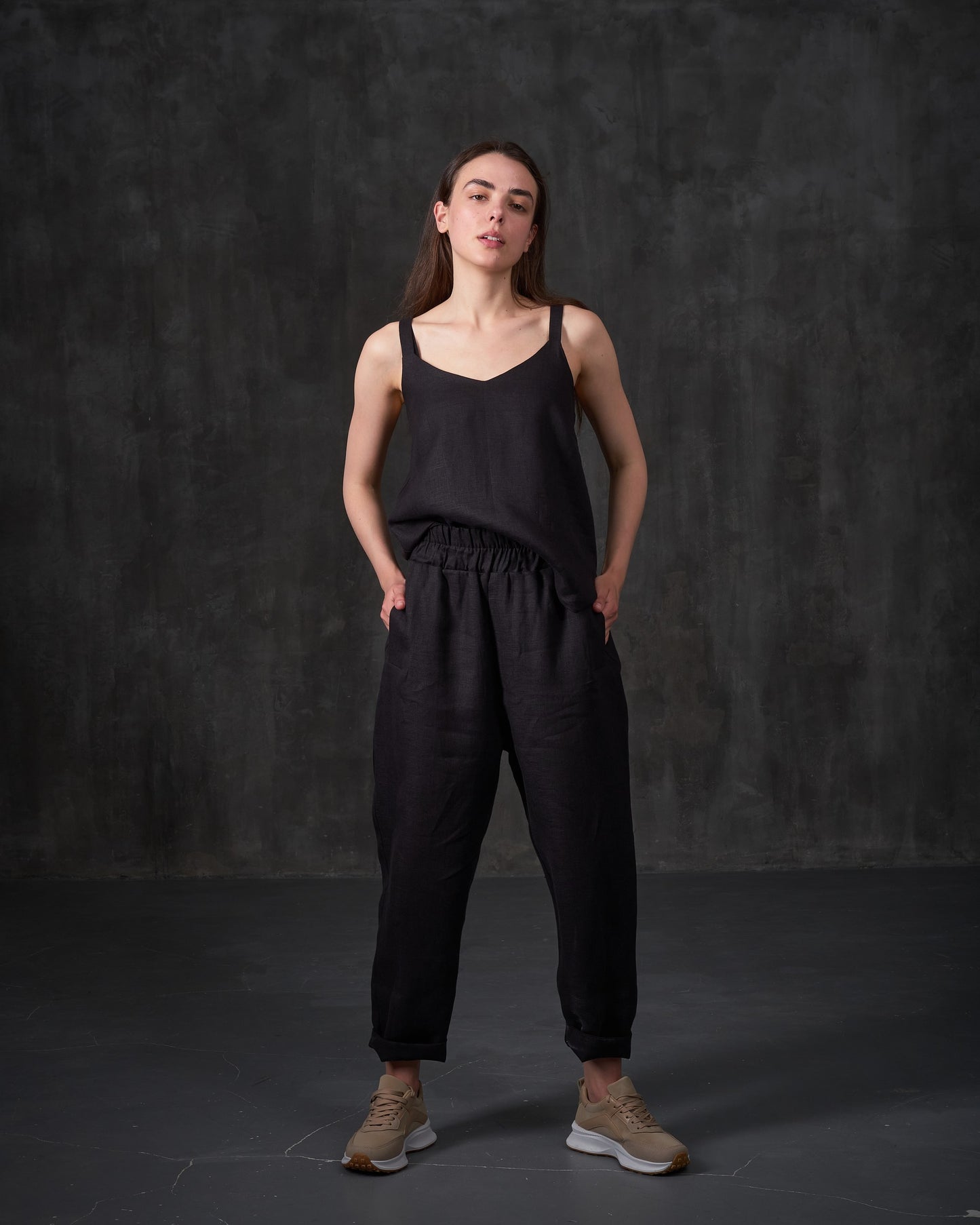 Black wide straps linen top