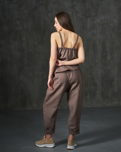 High-rise linen tapered gray/brown pants