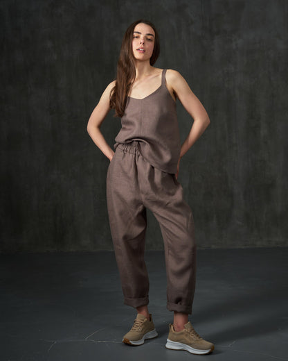 Gray/brown wide straps linen top