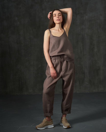 Gray/brown wide straps linen top